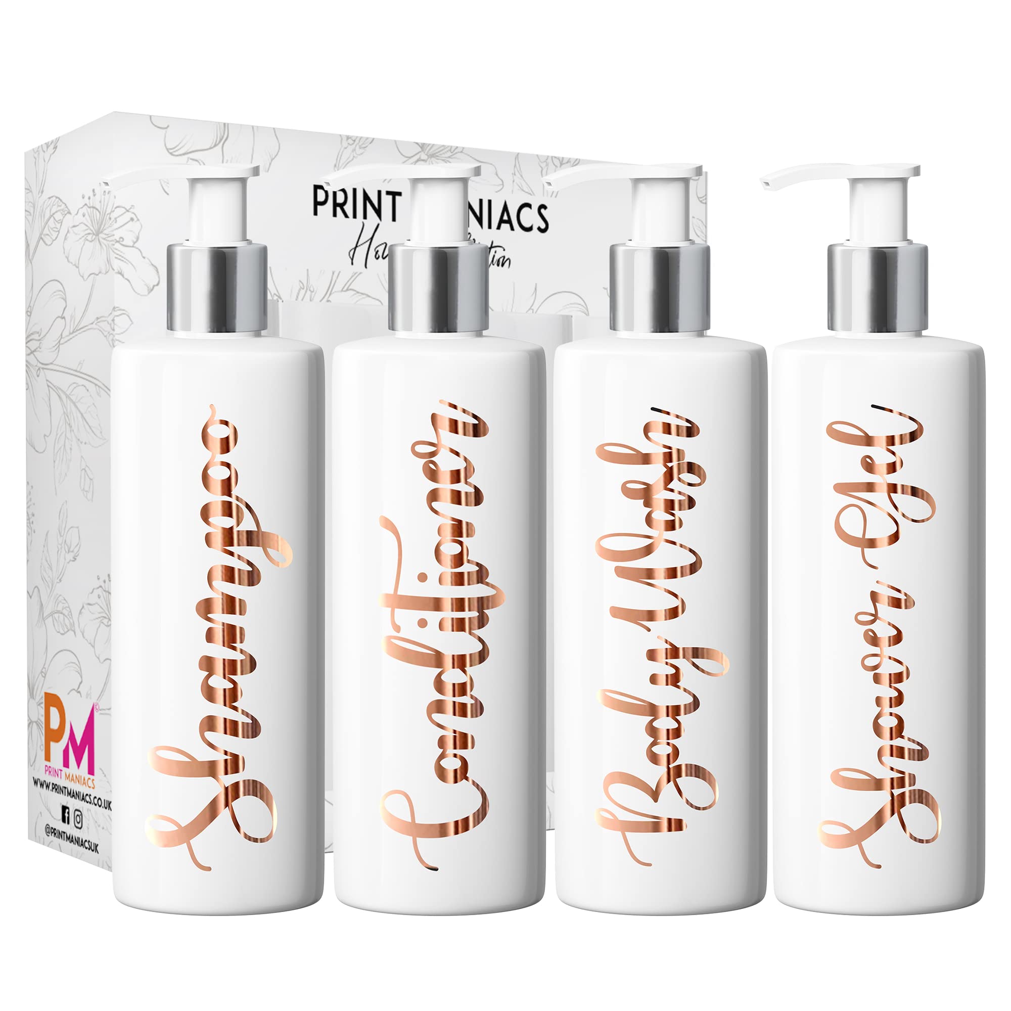 Print Maniacs White Mrs Hinch Inspired Personalised 500ml Pump Bottles Bathroom Lotion Kitchen Set Shampoo Conditioner (Shower Gel Set) (Copper)
