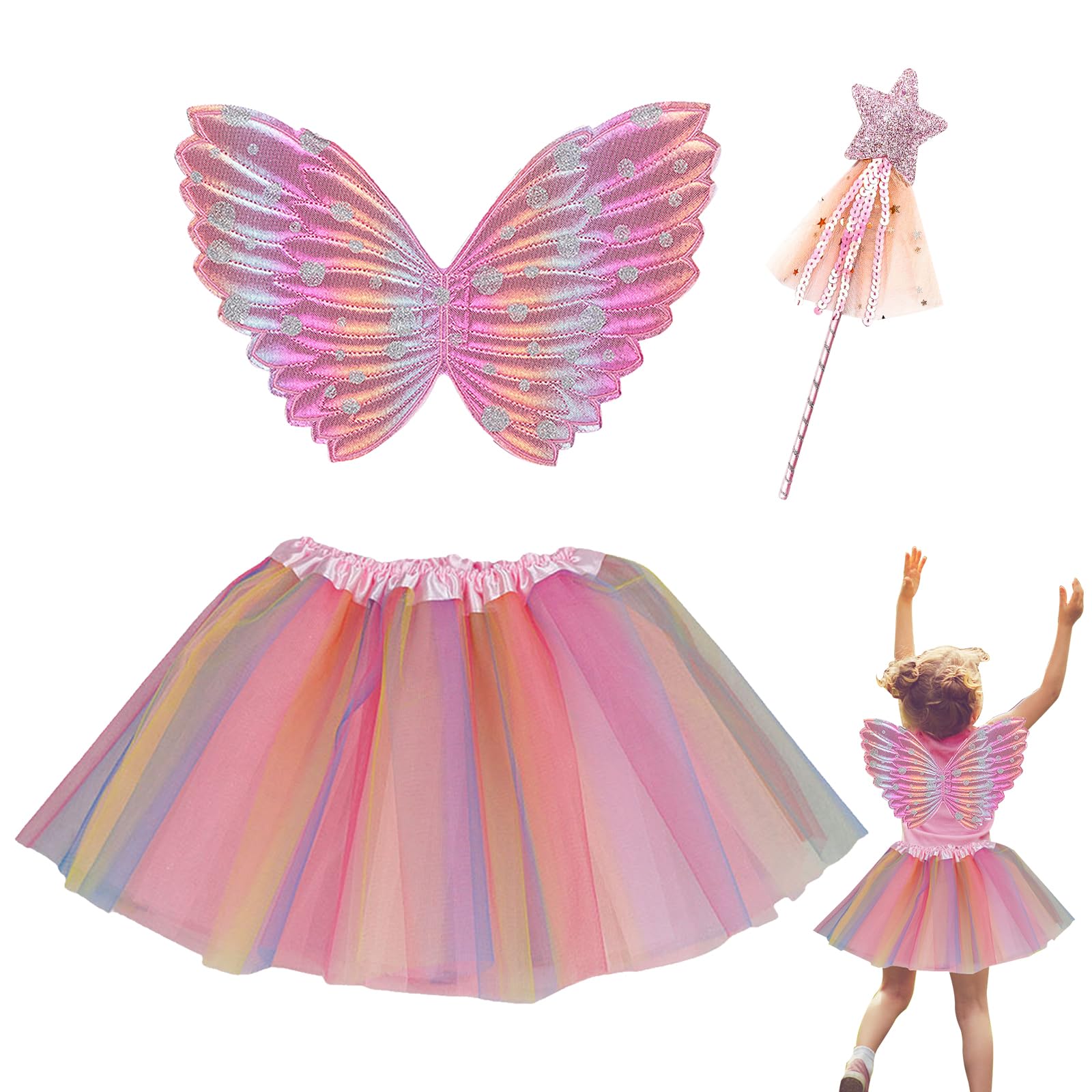 EQLEF Butterfly Wings Costume, Butterfly Fairy Wings Pink Tutu Dress with Magic Star Wand Butterfly Costume Princess Fairy Dress Up for Cosplay Halloween Dancing (3-6 Years Old Girls)