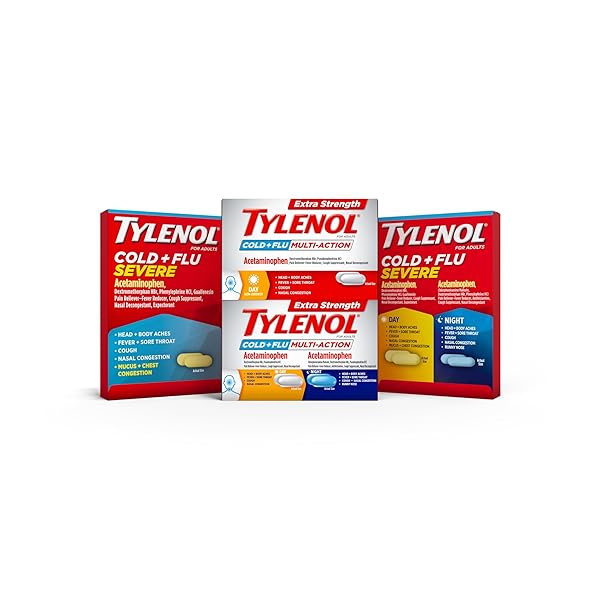 TYLENOL COLD + FLU SEVERE DAY & NIGHT CAPLETS COMBO PACK FOR MULTI-SYMPTOM COLD & FLU SYMPTOM RELIEF, COUGH, SORE THROAT, AND HEADACHE RELIEF, ACETAMINOPHEN PAIN RELIEVER, 24 CT