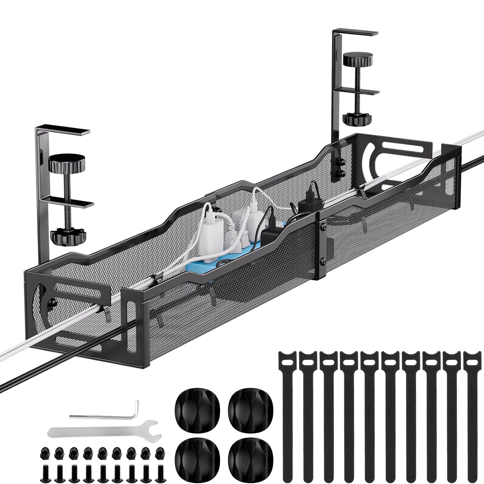 Photo 1 of Mzmaxy Cable Management, 25'' Cable Management Under Desk No Drill, Metal Cord Organizer with Clamp for Standing Desk, Cable Organizer for Home Office, Black