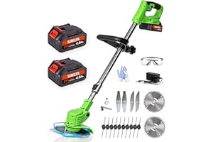 KAVLFA Electric Weed Wacker Cordless, 21V Weed Cordless Eater, 4 in 1 Lightweight Stringless Brush Cutter, with 2 Pcs 4.0 Ah Battery Grass Trimmer, 4 Types Blades for Yard Clearing (Green)