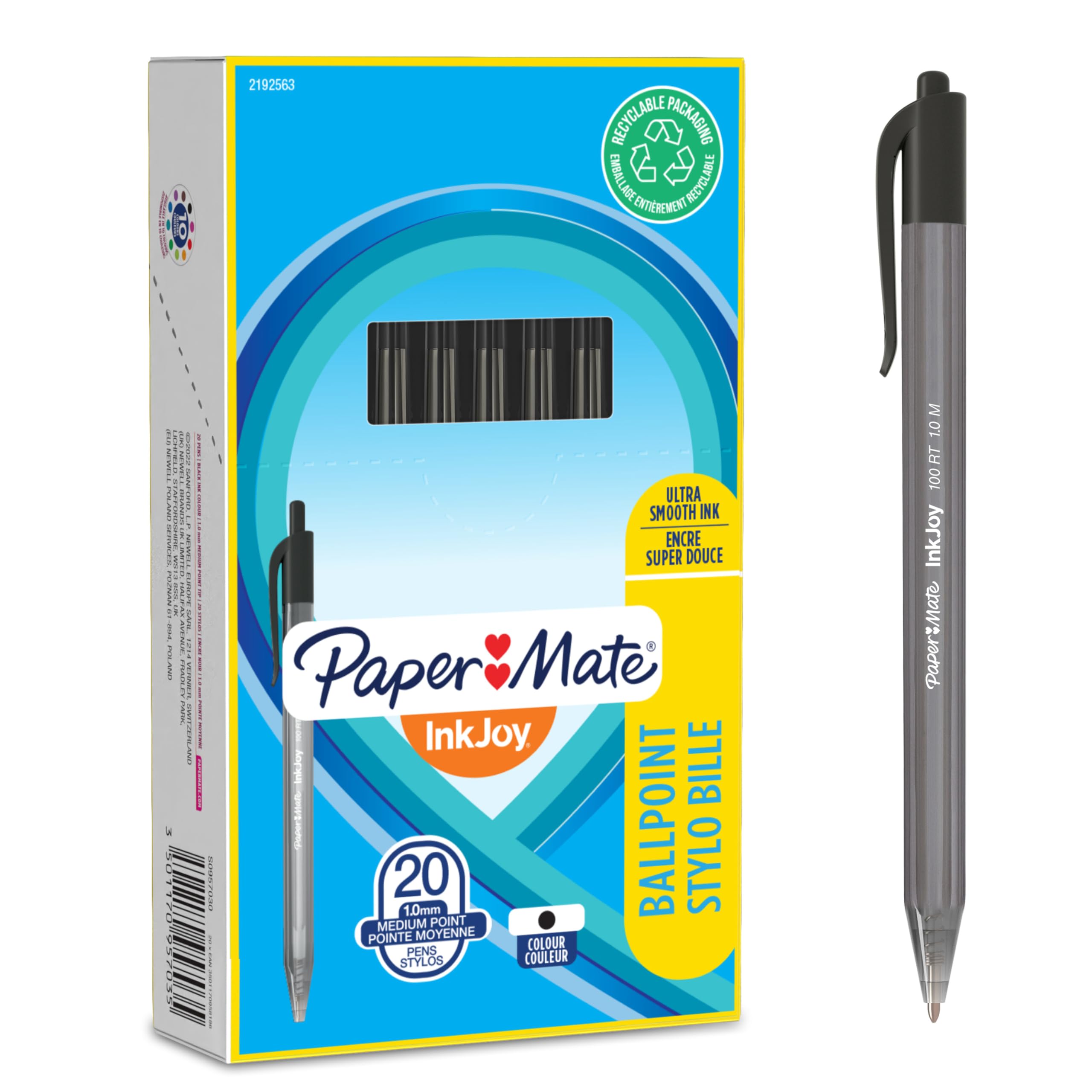 Paper Mate InkJoy 100RT Retractable Ballpoint Pens | Medium Point (1.0mm) | Black | 20 Count