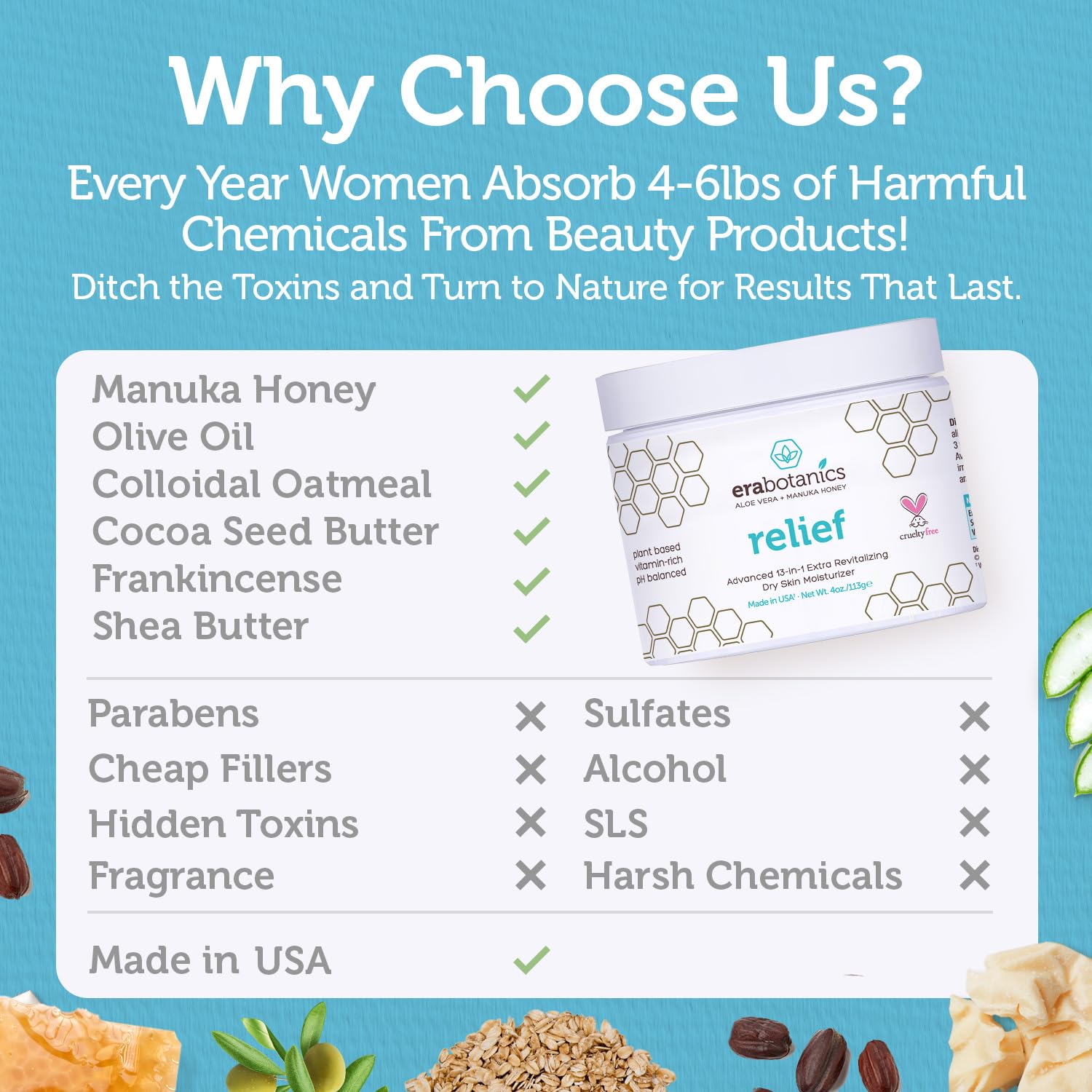 Era Organics Eczema, Psoriasis & Dermatitis Moisturizer Cream - Advanced 13-in-1 Non-Greasy Face or Body Lotion for Dry, Itchy Skin with Aloe Vera, Manuka Honey and More 4oz