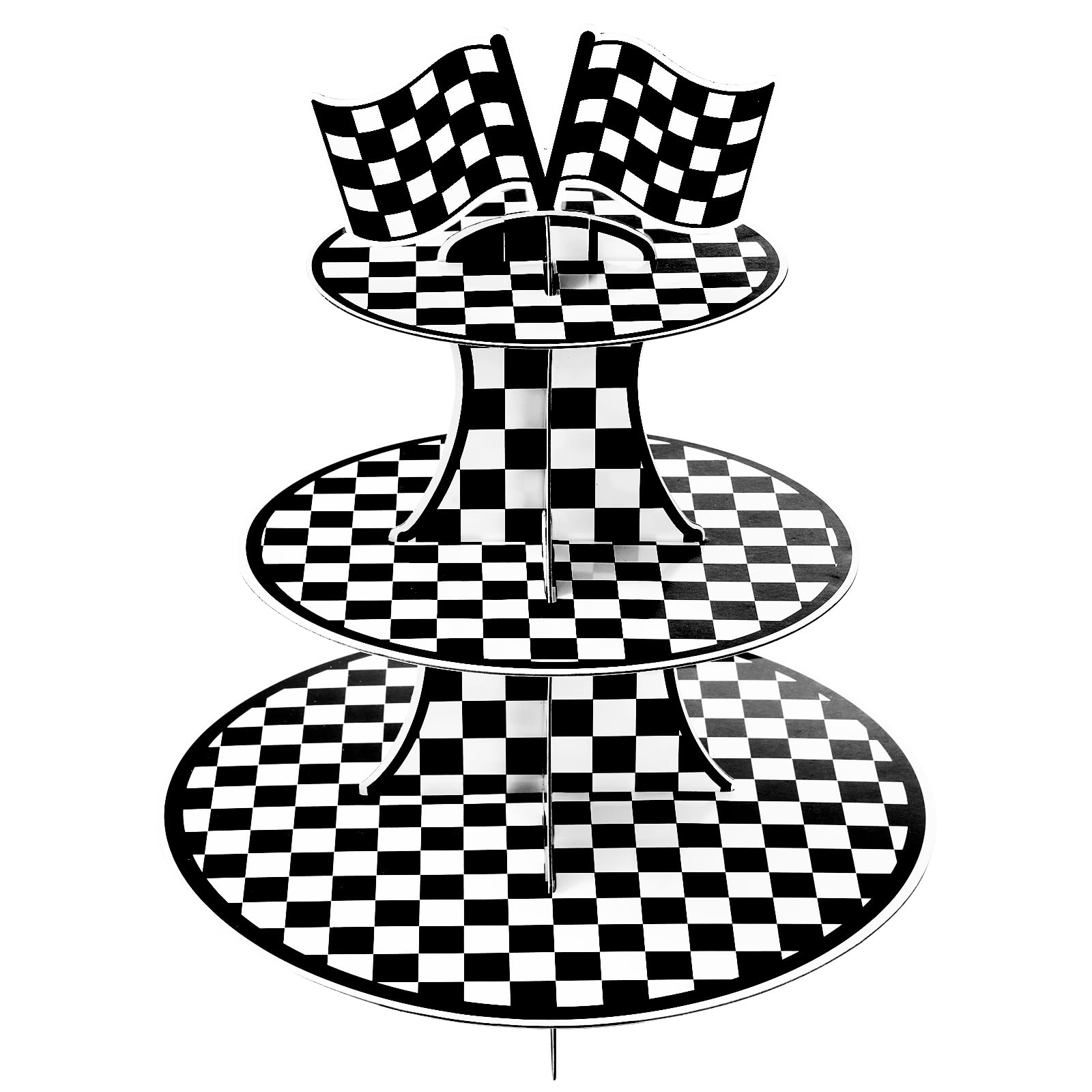 Photo 1 of Rthjsfj 3-Tier Round Cardboard Cupcake Stand Holder, Racing Car Theme Birthday Party Decorations Supplies, Black and White Checkered Dessert Display Stand Tower