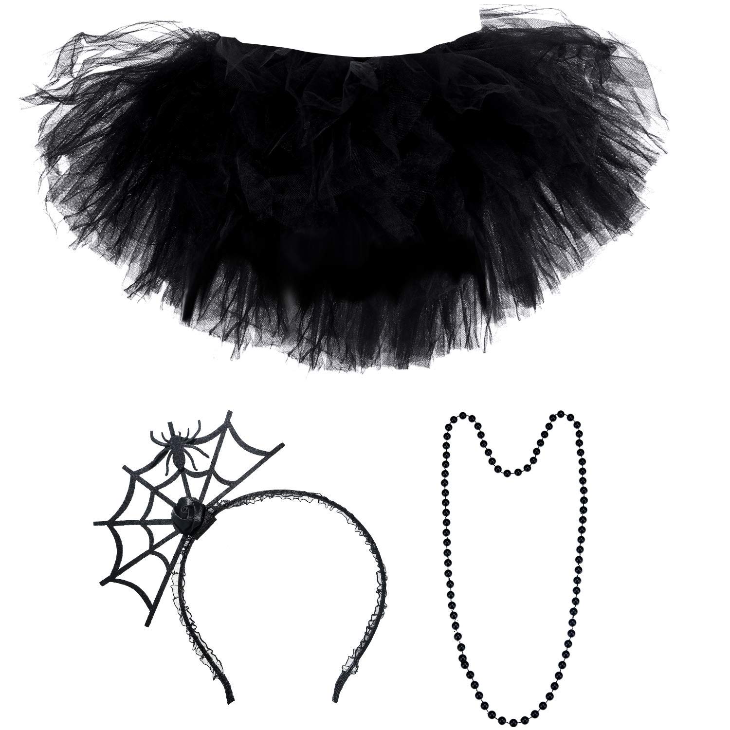 3 Pieces Halloween Costume Accessory Set Includes Tutu Skirt Spider Headband Black Necklaces for Halloween Party Favors