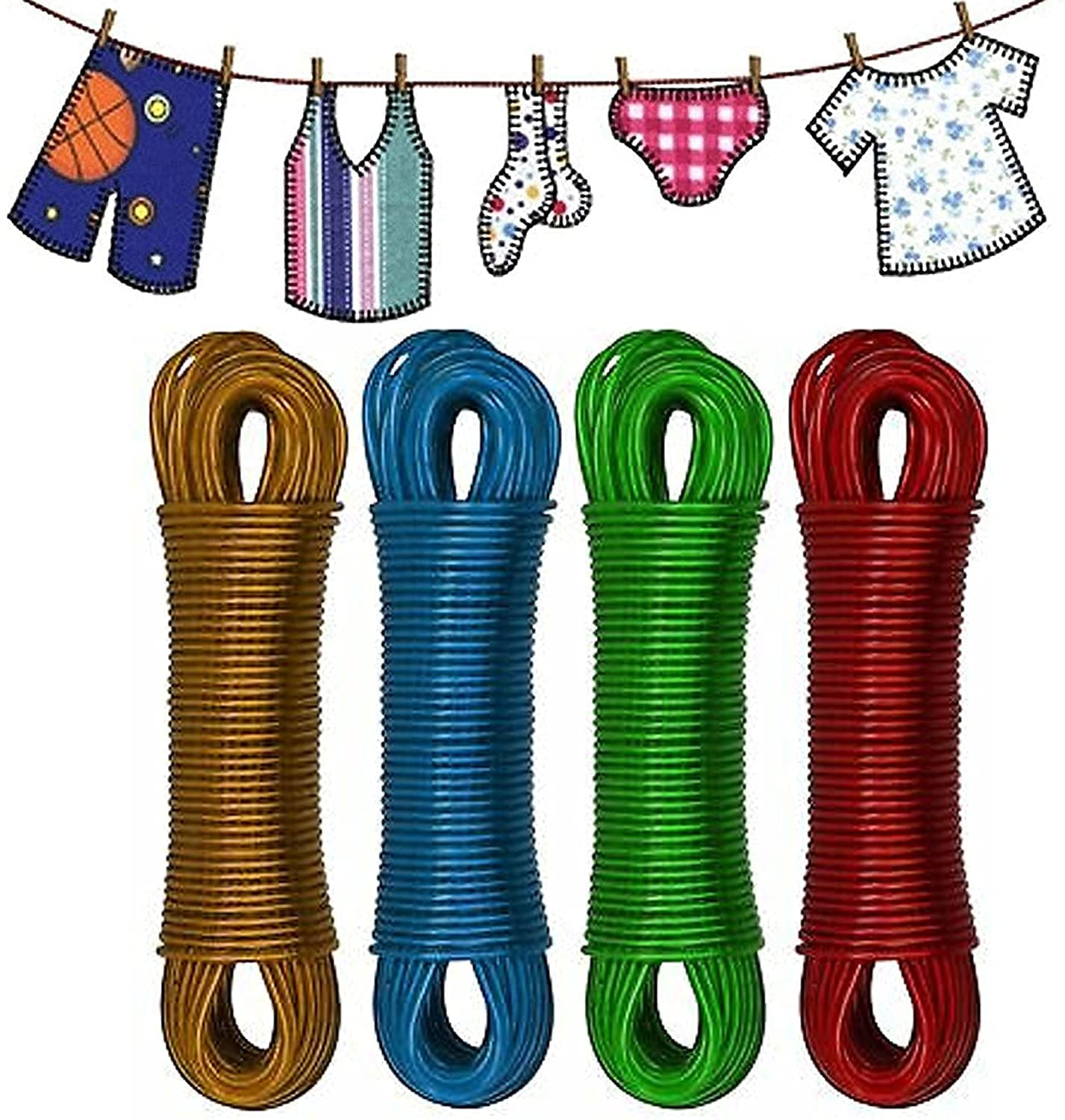 50m - 4mm Cloth Line Washing Line Rope Metal Core Laundry Clothes Lines Thick Strong Plastic PVC Cover for Clothes Drying Garden Outdoor Use - Assorted Colors