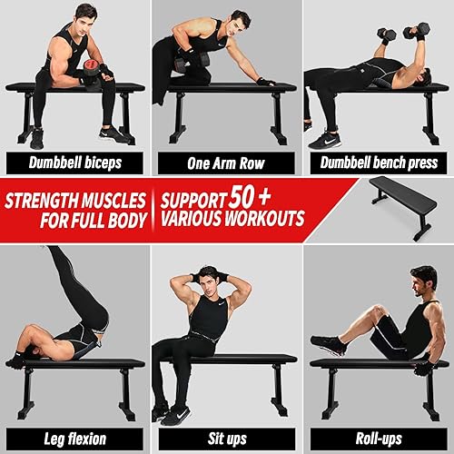 Houbos Flat Bench, Flat Weight Workout Exercise Bench  Easy,Assembly,Foldaway Bench for Adjustable Dumbbells or