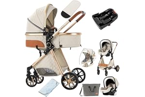 SUTTONBEBE 3 in 1 Baby Travel System Reversible Baby Stroller Pushchair Portable Baby Standard Pram Buggy Baby Carriage Foldable Luxury Baby High Landscape Pram for Toddler Newborn (UDV9-WHITE with Base)