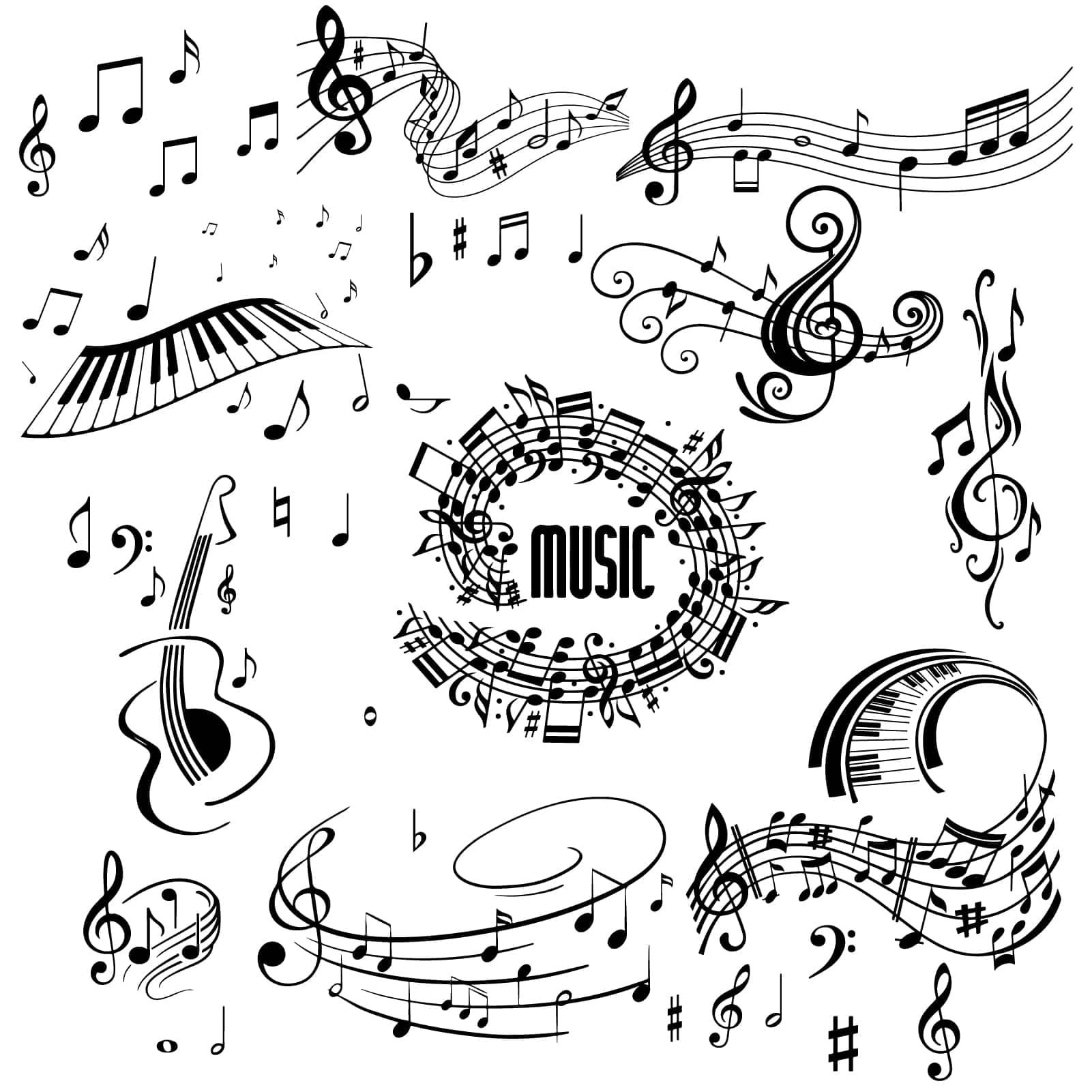 CREATCABIN 4 Pcs Musical Note Wall Sticker PVC Waterproof Self Adhensive Decals Piano Guitar River Circle 4 Styles Removable for for Classroom Nursery Studio Window Home Wall Display 11.4x7.9 Inch