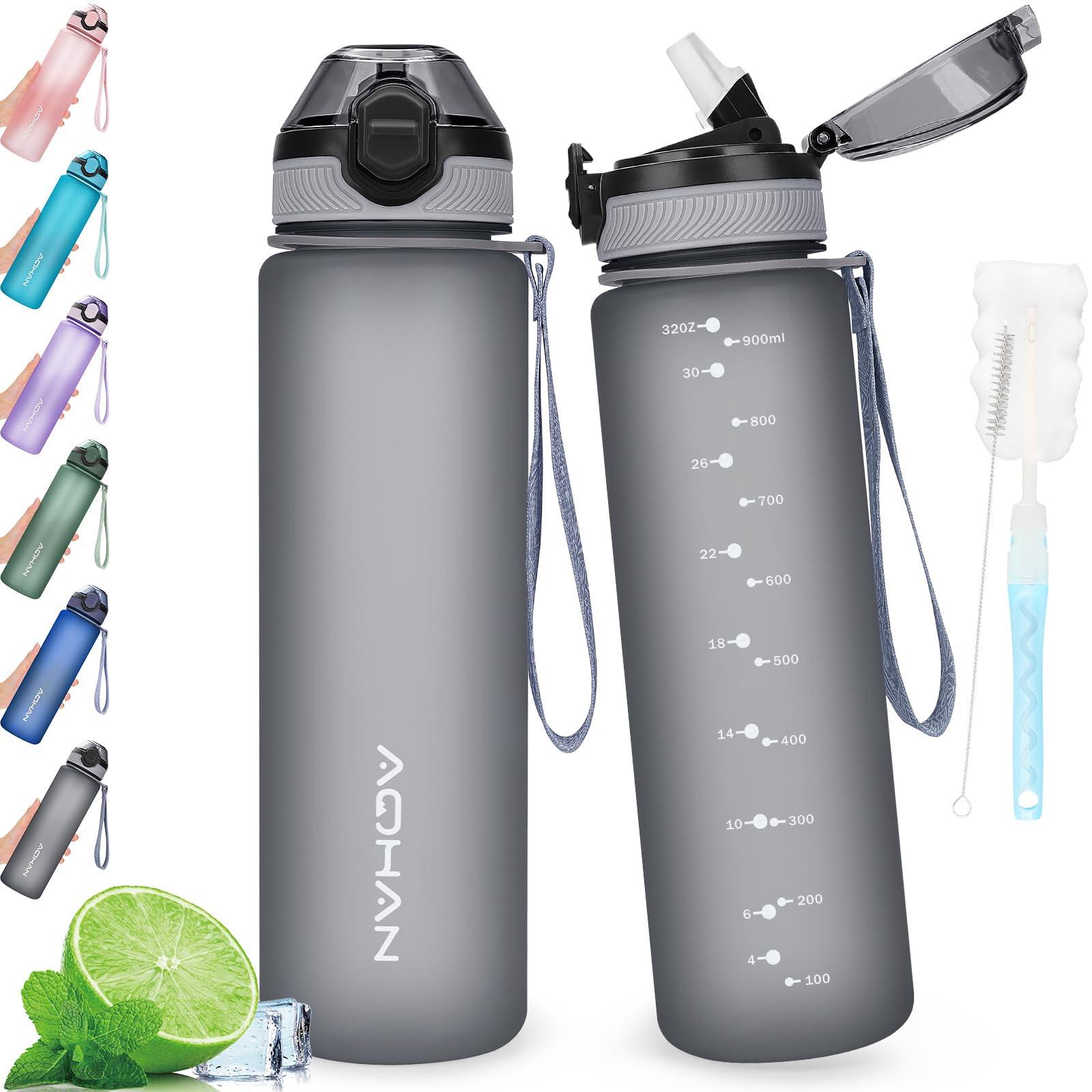 AOHAN Water Bottle 1L with Leak Proof Flip Top Lid, BPA Free Sport Drinking Bottle with Straw, Dishwasher Safe Water Bottle Non-Toxic Water Jug with Carrying Strap