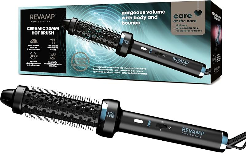 REVAMP 30mm Ceramic Hot Brush Styler – Ionic Tech, 180°C, 3m Cord