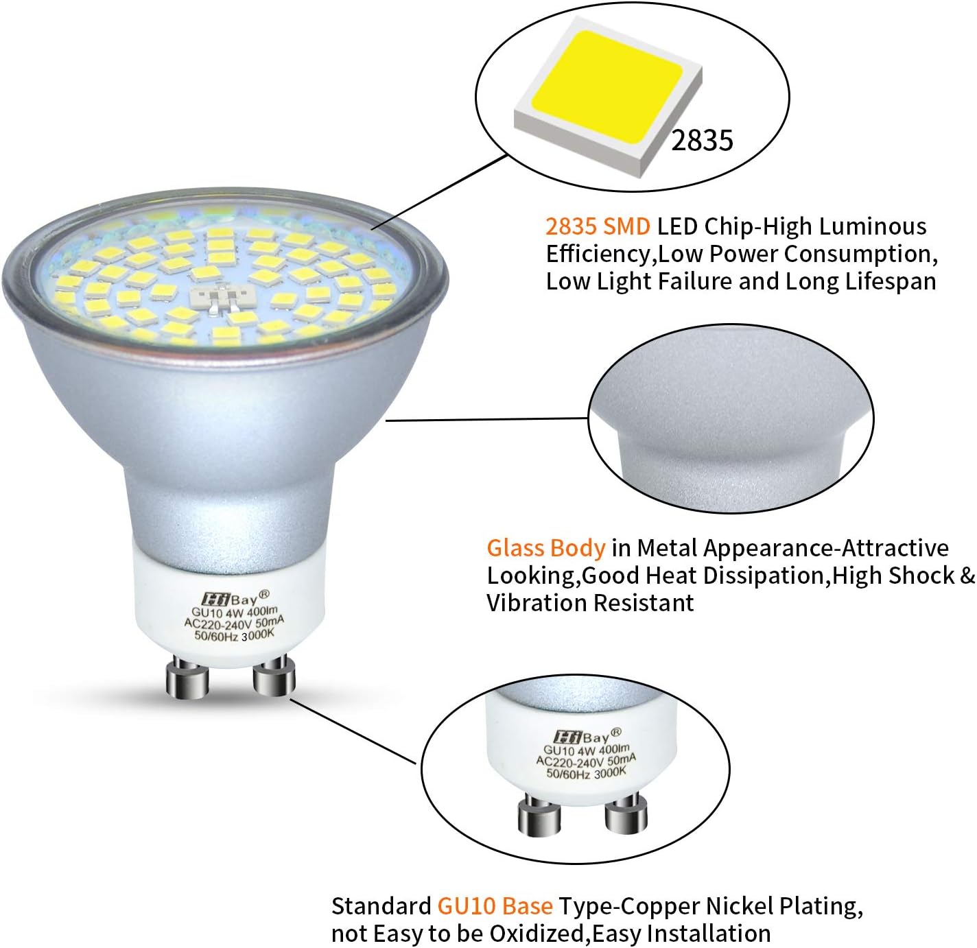 HiBay 10x 4W GU10 LED Bulbs Warm White,Energy Saving Spot Light Bulb 3000K Replace 35W-45W Halogen 240V for Ceiling Spotlights Downlights - Image 4