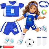 8 PCS American 18 Inch Girl Doll Soccer Outfit Set with Shoes Accessories | Soccer Uniform with Top Short Socks Shoes Hairband Soccer Ball Accessories for 18 Inch Girl Doll Playset