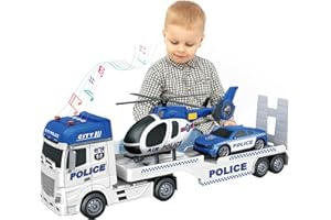 3-in-1 Police Truck Toys for Kids Ages 3-6 - Inertia Semi Trailer with Racing Car & Helicopter, Light and Sound Play Vehicles