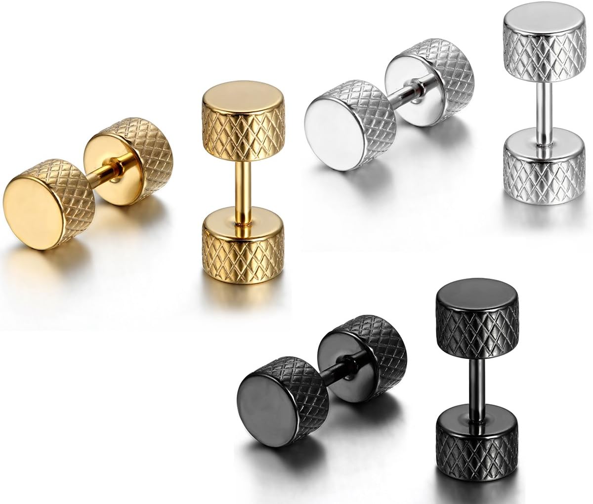 JewelryWe 3 Pairs of 5mm Stainless Steel Screw Stud Earrings for Men Women, Cheater Fake Ear Plugs Gauges Illusion Tunnel (with Gift Bag)