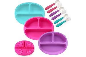 Elk and Friends Silicone Suction Plate for Babies/Toddlers + Stainless Steel Silverware Feeding Set | Divided Plate | Suction Design | Forks + Spoons Included | 3 Pack