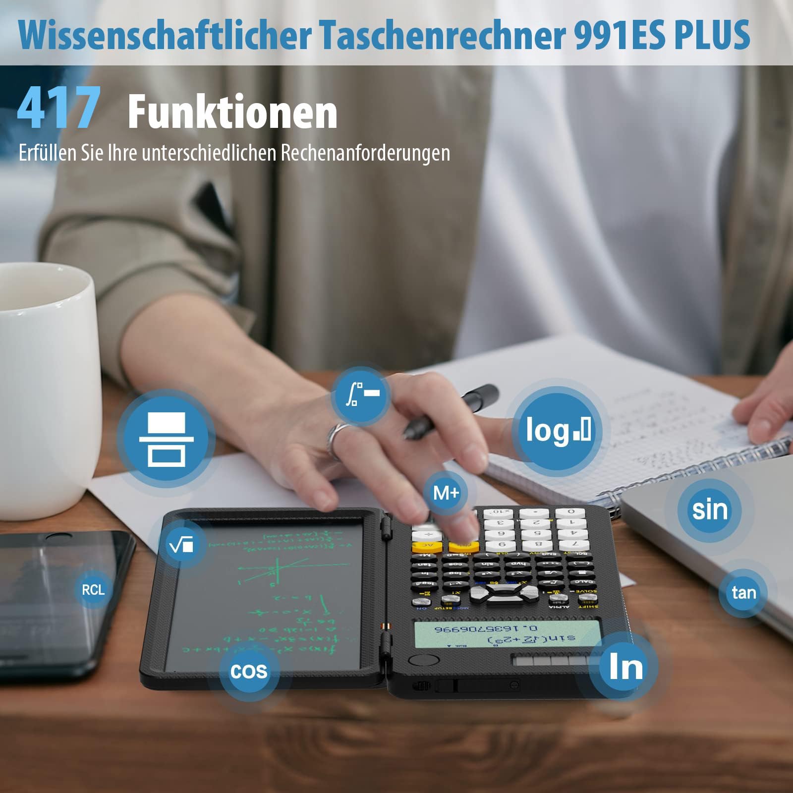 Verbesserter 991ES Plus wissenschaftlicher Taschenrechner, ROATEE professioneller Finanzrechner mit löschbarem LCD-Schreibtablet, Solar- und Akku, Tischrechner mit Notizblock für Büro, Schule 2