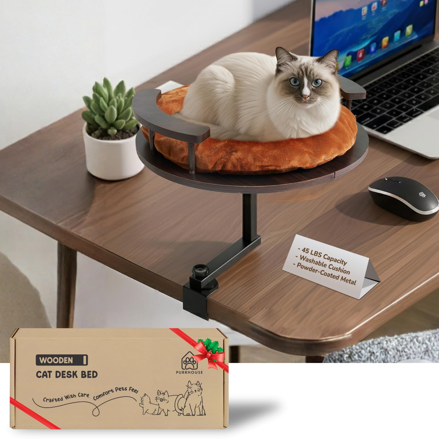 Photo 1 of [Ready to Gift] PURRHOUSE Up to 45LBS Cat Desk Bed - 360° Rotation & Adjustable Height, Pet Perch for Desks with Washable Cushion, Desk Cat Bed Attachment for Various Tables (Wood_Brown Cushion)