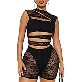 Ninejuize Lace Rompers for Women Sleeveless Short Jumpsuits Hollow Out Mesh See Through Bodysuit Halloween Costumes