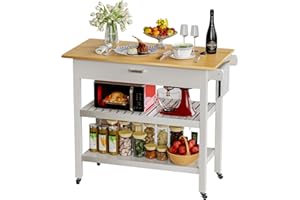 HiDSLiving Kitchen Island 42" Rolling Kitchen Island Cart On Wheels with Drawer Towl Rack 3 Tiers Rolling Utility Cart with Solid Wood Top Serving Trolley for Dining Room White