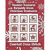 Timeless Treasures Burgundy Green Christmas Ornaments: 9 Counted Cross Stitch Patterns