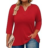 Romanstii Womens Plus Size Tops Casual 3/4 Sleeve V Neck T Shirt Loose Fit Tunic Blouse 1X-5X