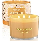 Glowence Luxury Coconut Scented Candle - Large 3 Wick Jar Candle - Elegant Gift for Women & Men - 100% Natural Soy Wax - Up to 40 Hours Burning Time - Housewarming Aromatherapy Candle for Home