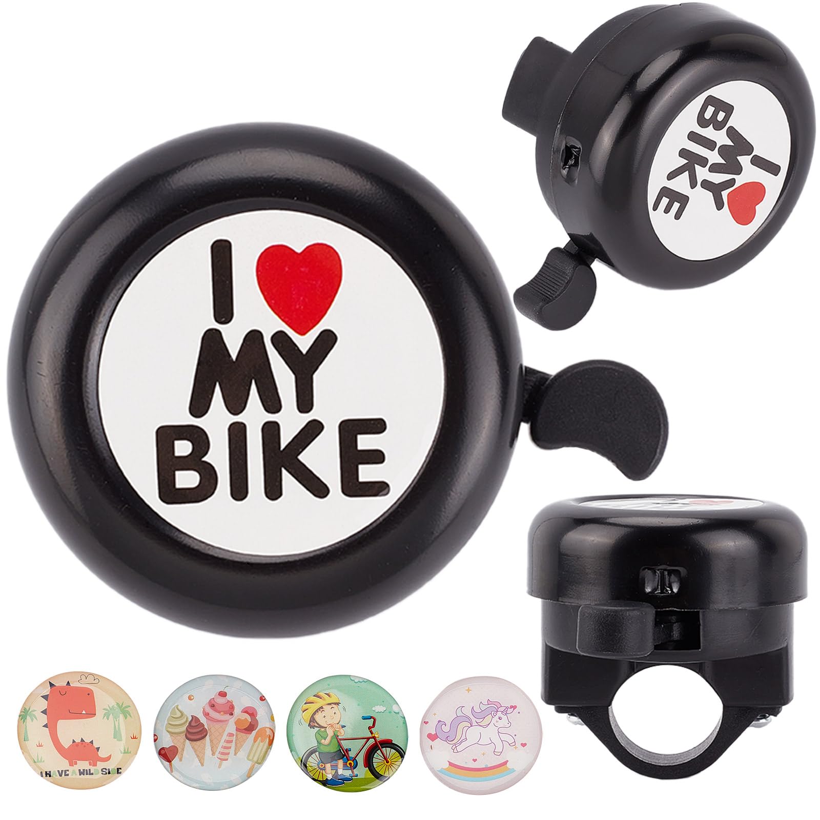 CREATCABIN I Love My Bike Bicycle Bell Classic Aluminum Bike Bells Ring Loud Crisp Sound Cycling Bell Small Black Handlebars Bells with 4Pcs Resin Stickers for Road Mountain Bike Accessories 2x2Inch