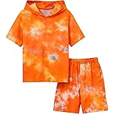 LPHGFZA Boys 2 Piece Outfits Tie-Dye Hooded Short Sleeve T-Shirt and Shorts Set Summer Clothes for Kids 6-13 Years