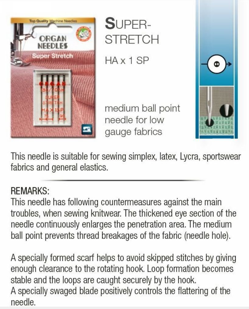 5pcs Organ Domestic Sewing Machine Needles Super Stretch HAX1SP 130/705H Flat Sided Needles