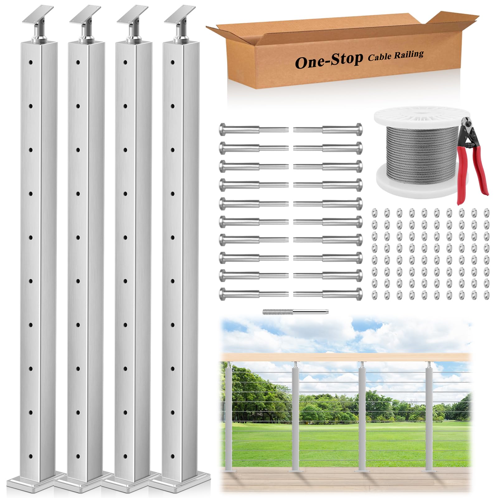 Photo 1 of Gyykzz One-Stop Cable Railing Post Kits, 4Pack Brushed Finish Level Drilled Line Post 36", Adjustable Top Cable Railing System Including 4 Railing Posts, 160ft Cable, 10 Set Terminal, 80 Cable Sleeves