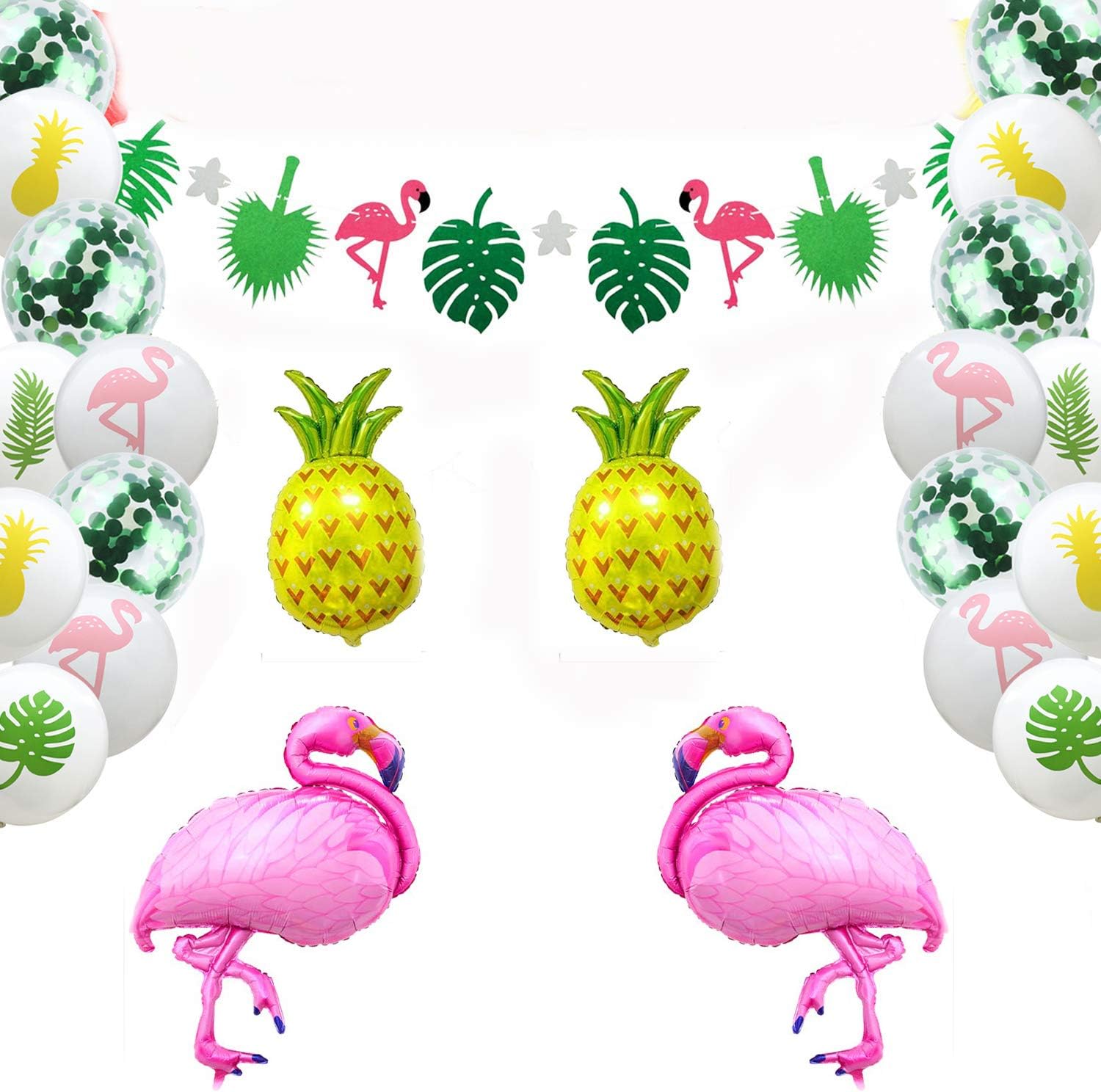 Hawaiian Tropical Decoration, 45PC Beach Party Supplies with Colourful Pineapple Flamingo Balloons Palm Simulation Leaves Banner for Luau Party Jungle Summer Table Decorations
