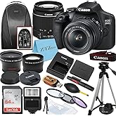 Canon EOS 2000D / Rebel T7 DSLR Camera with EF-S 18-55mm Zoom Lens + SanDisk 64GB Memory Card + Tripod + Case + Wideangle Len