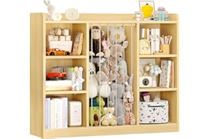 ONBRILL Toddler Stuffed Animal Zoo, Toy Storage Organizer for Playroom, Plush Toy Organizers and Storage, Book Shelf for Kids Rooms, Elastic Band Child Bookcase, Toy Shelf with 8 Storage Cubbies (Maple Wood)