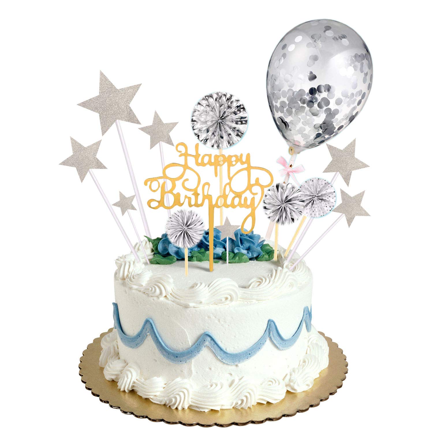 Happy Birthday Cake Topper Silver Kit,Personalised Cake Toppers for Men Boys Women Girls Birthday Party Cake Decorations Kit with Star Heart Cupcake Topper