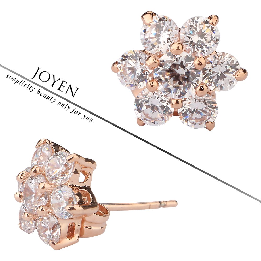 JOYEN Rose Gold Flower Shape Cubic Zirconia Earrings Studs for Women