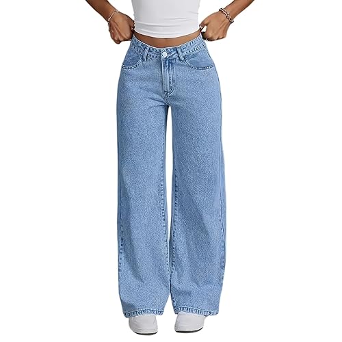 High Waisted Wide Leg Jeans for Women UK, Ladies Loose Fit Baggy Stretch Denim Trousers, Bootcut Barrel Jeans Y2K Streetwear Casual Straight Leg Jean for Daily Wear Blue