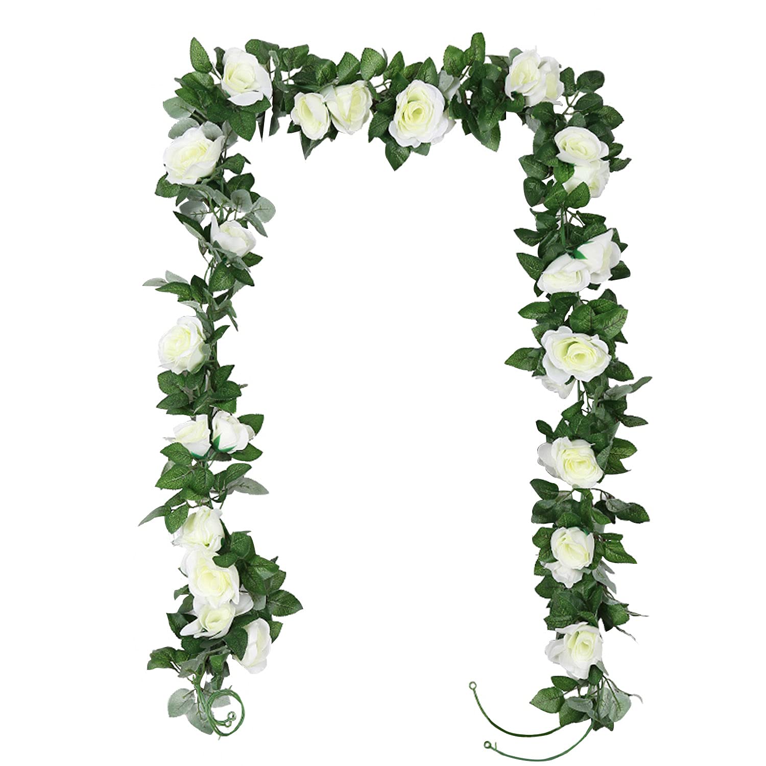 TSHAOUN 2 Pack Artificial Rose Vines Garland Fake Flower Plants Arts Hanging Decoration for Outdoor Indoor Home Kitchen Garden Office Wedding Ceremony Hotel Party 2 x 7.5 FT (White)