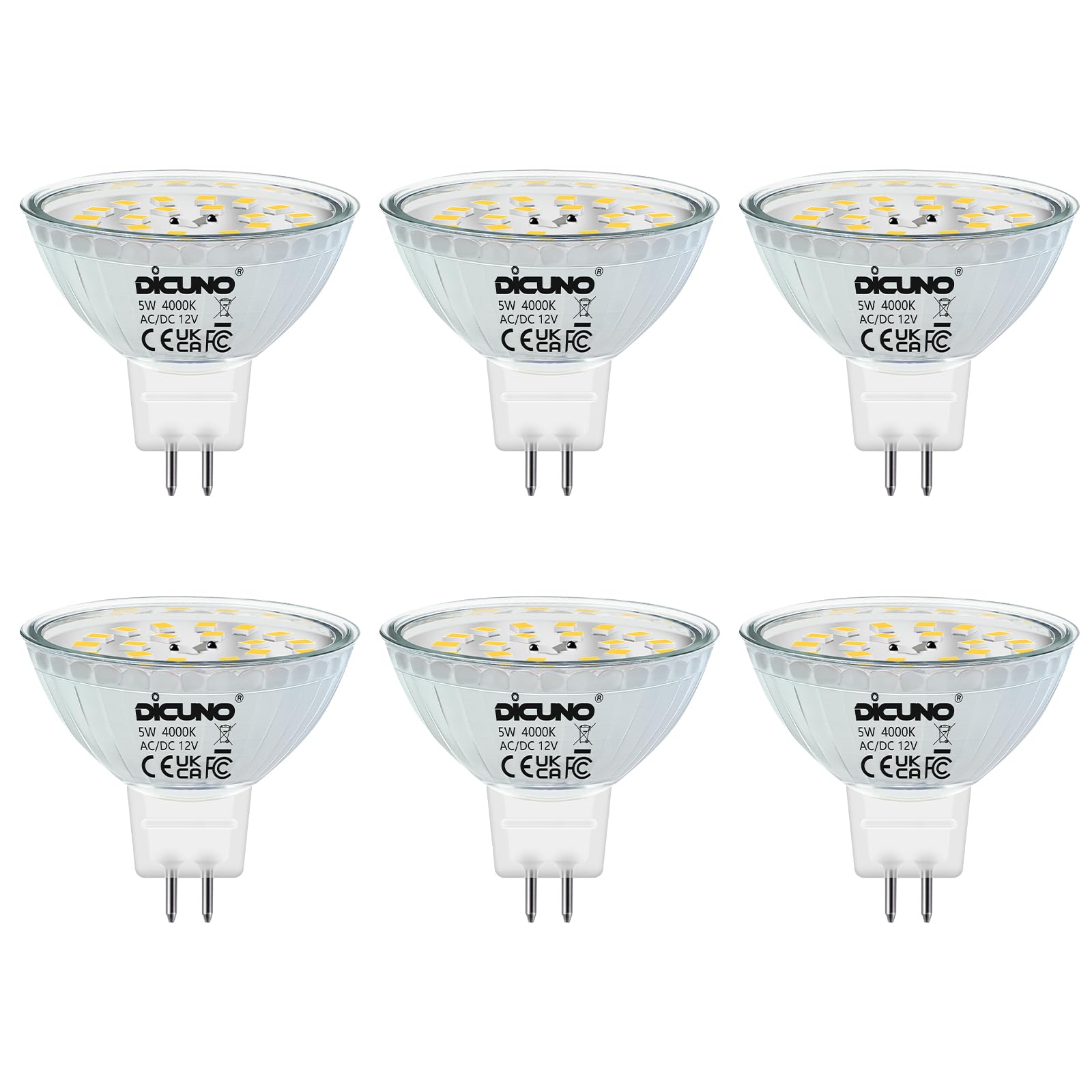 DiCUNO GU5.3 MR16 5W LED Bulb, GU 5.3 Non-Dimmable Spotlight, 50W Halogen Equivalent, 500LM, Natural White 4000K, AC/DC 12V, 120° Beam Angle, 6 Packs