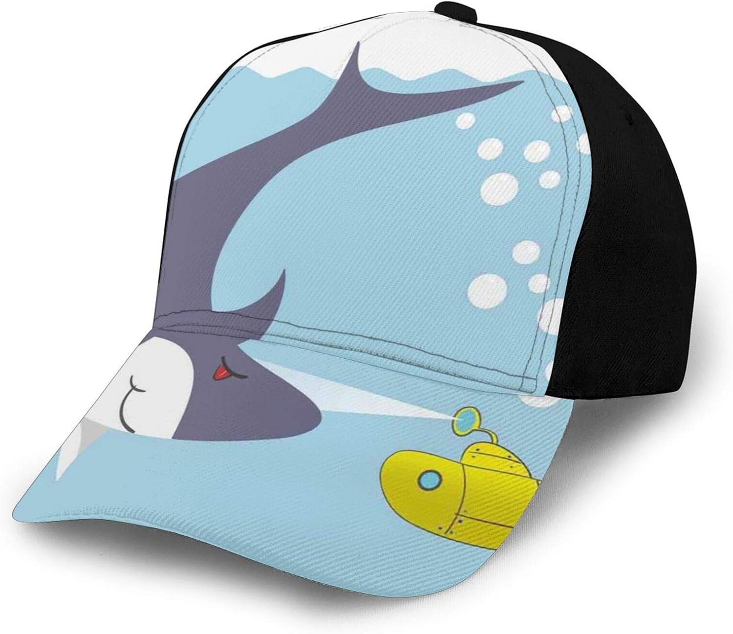 Washed Plain Baseball Cap,Shark with Vessel in Ocean Bubbles Under Sea
