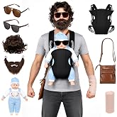 8PCS Halloween Baby Carrier Costume for Men Adult Funny Dad Wig Beard Set | Two pairs of glasses, doll, bandage and satchel bag for movie character cosplay, themed party and dress up
