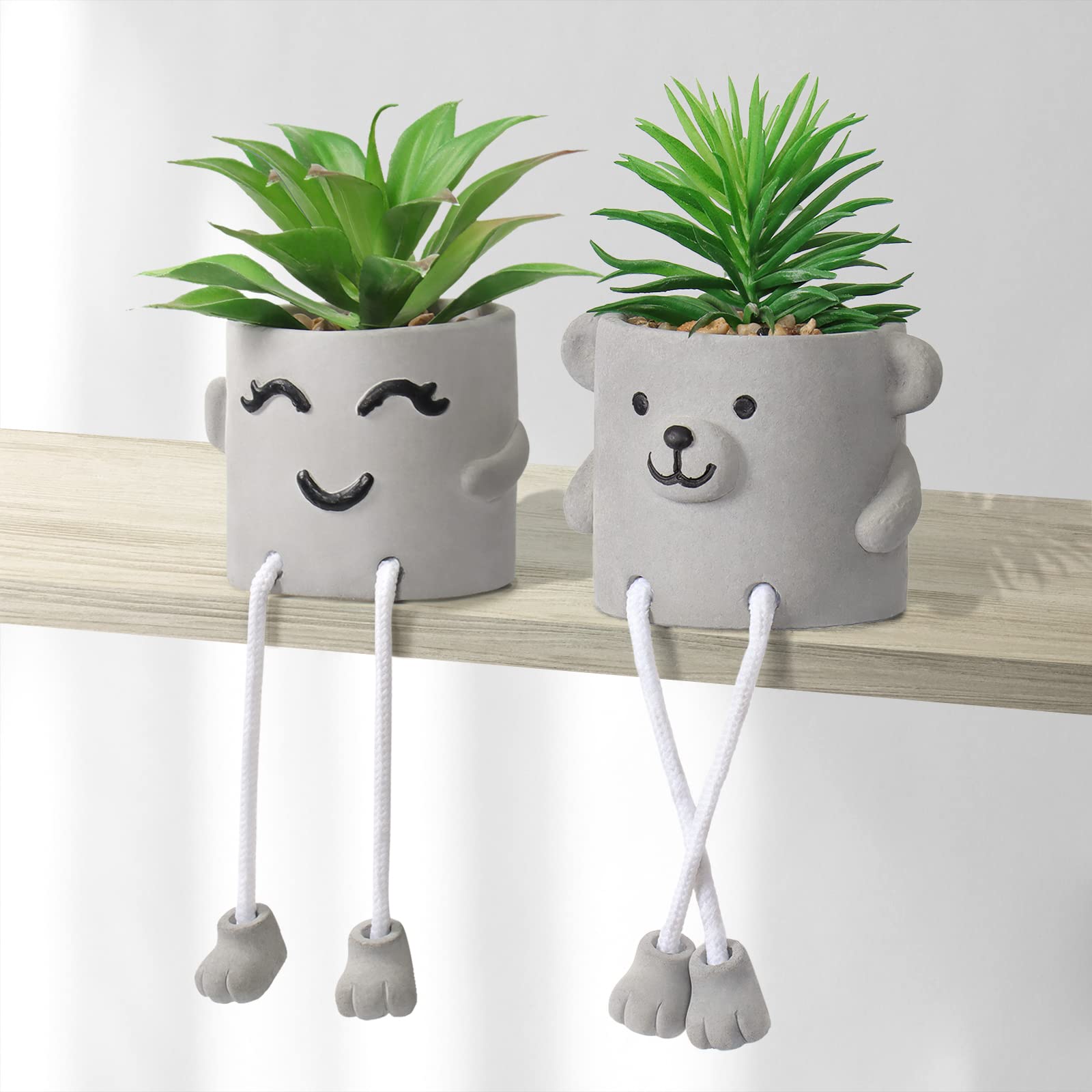 Dremisland Set of 2 Fake Plants with Cement Potted Artificial Plants Indoor Small Artificial Plants in Pots Mini Fake Succulent Plant Desk Decor for Christmas Home Office Table Living Room Shelves