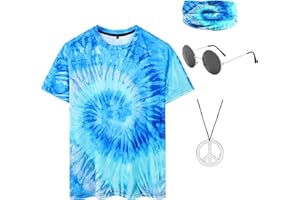 Inrajoper Hippie Costume for Men 60s 70s Colorful T-Shirt Outfits 4 PCS Accessories Set for Theme Party