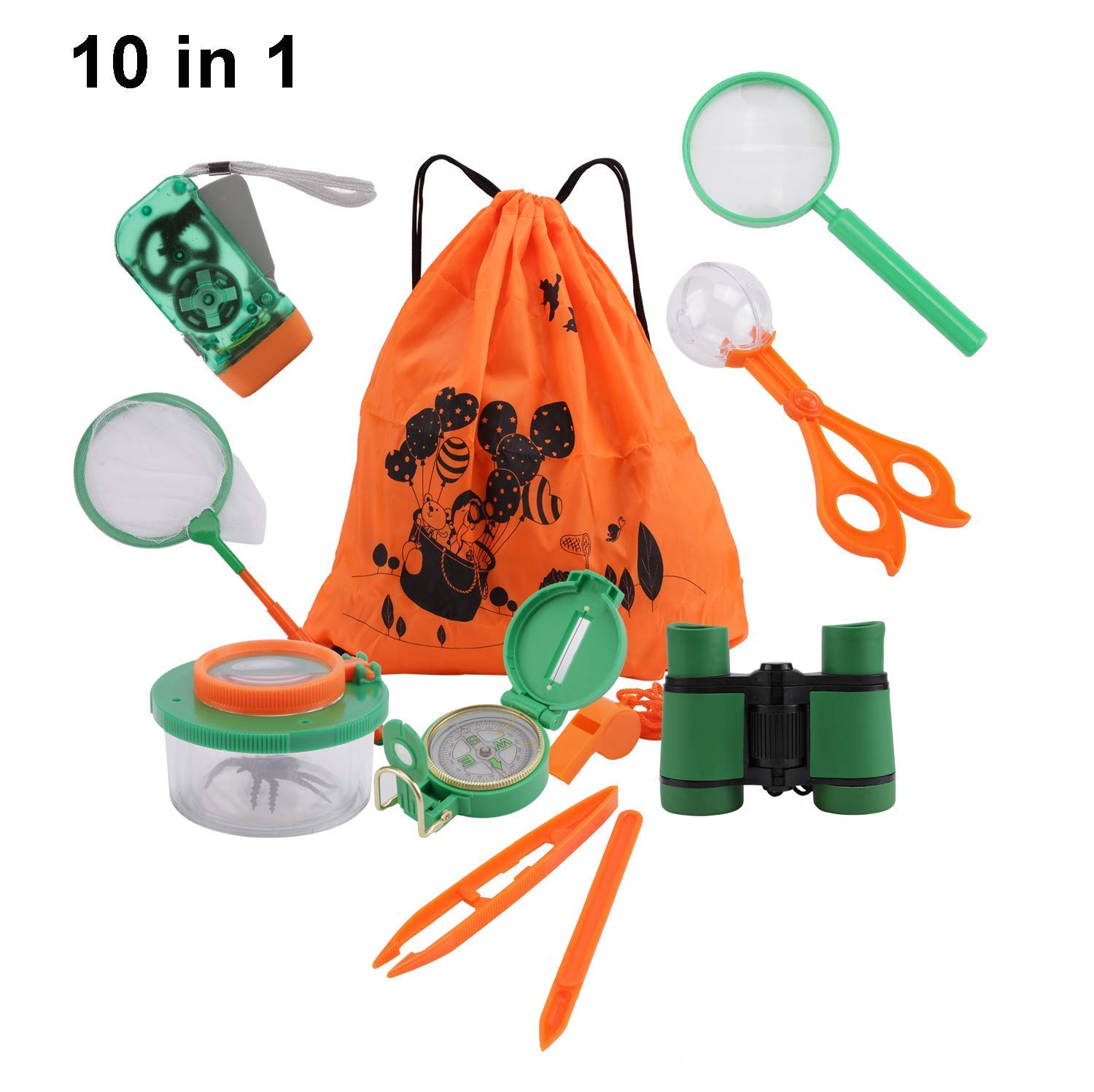 Outdoor Explorer Kit Gift Toys,11 Pack Kids Adventurer Exploration Equipment Set,Eucational Toys Gifts with Binoculars,Flashlight,Compass,Magnifying Glass,Whistle for Camping Hiking Pretend Play