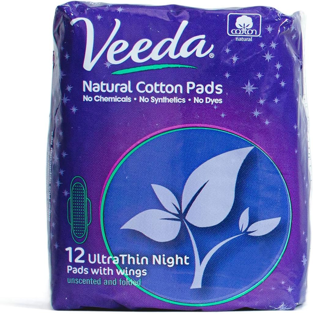 Veeda Ultra Thin Super Absorbent Night Pads Are Always Chlorine, Dye and Fragrance Free, Natural Cotton Sanitary Napkins,3 Packs of 12 Count Each: Health & Personal Care