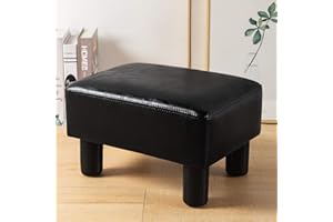 LUE BONA Modern Rectangular Foot Stool, Black Faux Leather Padded Ottoman Footrest Stool Small Foot Stool for Living, Adults, Patio