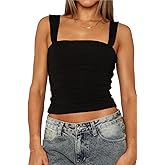 TiulZial Square Neck Tank Top Woman - Double Lined Going Out Tops Summer Ruched Backless Crop Strappy Cute