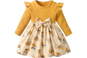 Swicedly Infant Baby Girls Spring Fall Dress Toddler One-Piece Ruffle Bee Print Long Sleeve Princess Skirt Outfits