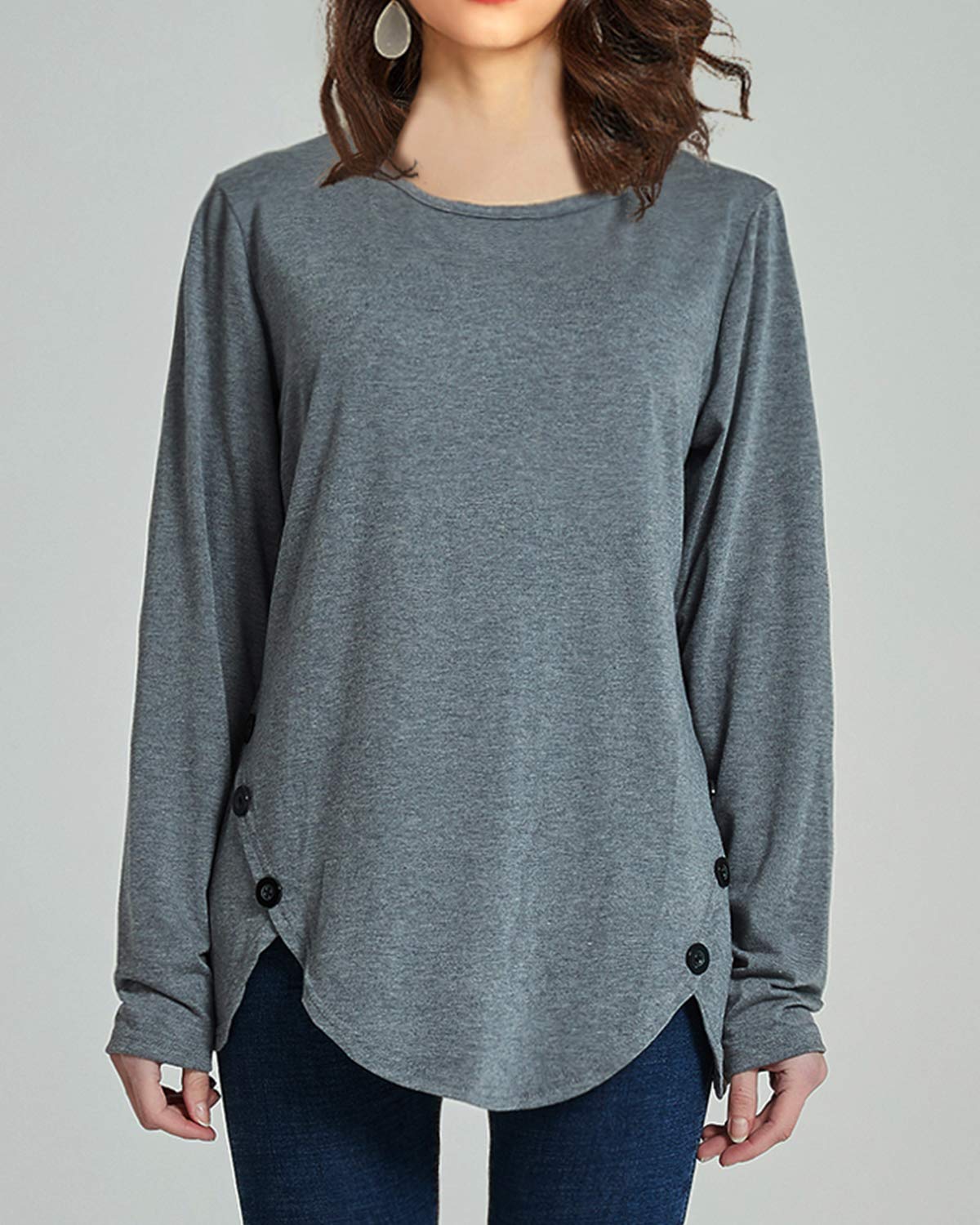 Disi Women\'s Button Round Neck T- Shirt Slim Long Sleeve Top Front Side Split Causal Pullover Blouses Basic Tunic 灰 M Gray