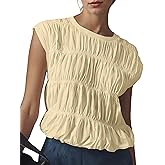 Livtany Women's Cap Sleeve Shirred Tank Tops Crew Neck Tiered Bubble Babydoll Cute Blouse Top Solid Loose Fit Tee Shirts
